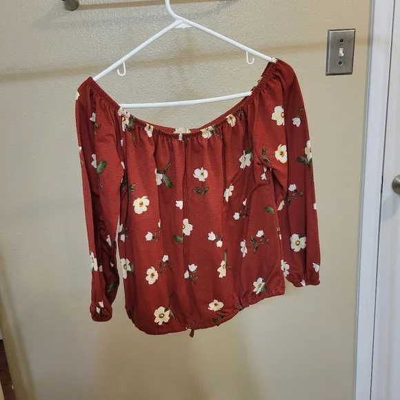 Wishful Park Women Floral Off Shoulder Red Long Sleeve Bardot top size Medium - Picture 2 of 6